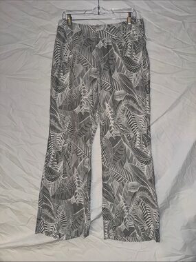 ecru Grey Leaf-Print 100% Silk Wide Leg Trousers